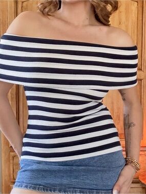 Banana Republic Navy and White Striped Off-the-Shoulder Sweater top